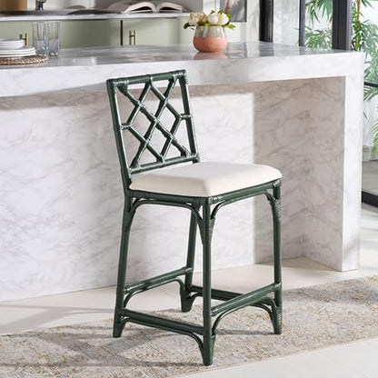 SAFAVIEH Furniture - Bhumi 23.6" Seat Height Counter Stool - White & Forest Green - Handwoven Rattan Design - Fully Assembled - Ideal for Kitchen, Dining Room & Kitchen Island (BST6511E)