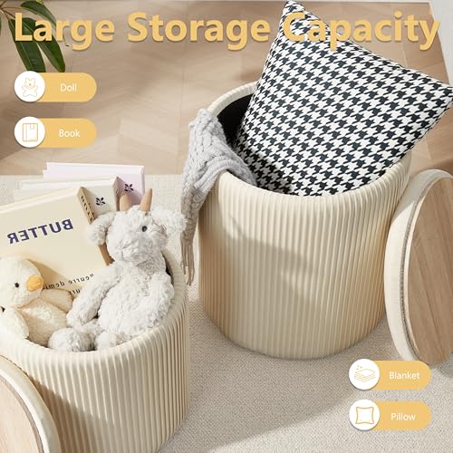 Round Ottoman with Storage Set of 2,Vanity Stool with Storage for Bedroom, Ottoman Coffee Table,Small Velvet Foot Stool for Living Room, Beige