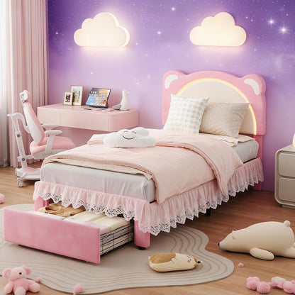 Twin Size LED Bed Frame with Storage Drawers,Adjustable Headboard with Cute Bear Design,Soft Velvet Fabric Bed Frame for Kids,Solid Wood Slat Support,Noise-Free,Easy Assembly,Pink