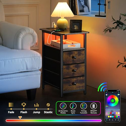 End Table with Charging Station, LED Narrow Side Table Bedside Table, Small Night Stand End Tables Living Room, Skinny Nightstand with 3 Fabric Drawers, Side Tables Bedroom for Small Spaces