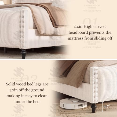 Queen Bed Frame with 65" Tall Headboard, White Corduroy Upholstered Bed, view 6