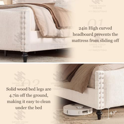 Queen Bed Frame with 65" Tall Headboard, White Corduroy Upholstered Bed, view 6
