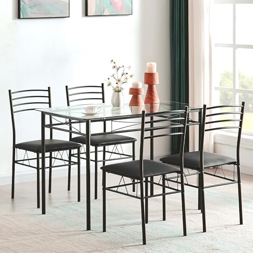 Kitchen Dining Table and Chairs Set for 4, Padded Seat & Glasses Tabletop, Space Saving, Matte Black