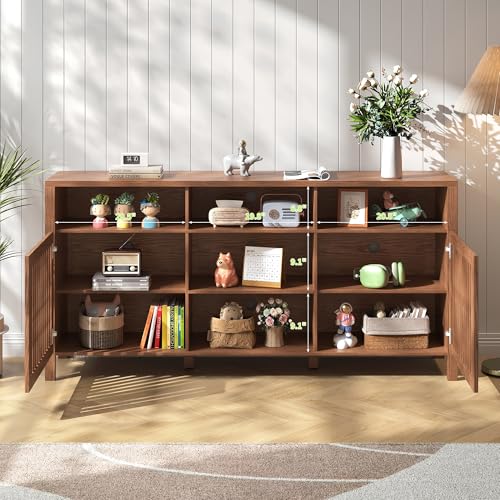 Farmhouse Brown TV Stand with Grille Doors, 5 Open Storage Compartments, view 6