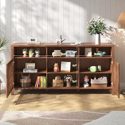 Farmhouse Brown TV Stand with Grille Doors, 5 Open Storage Compartments, view 6