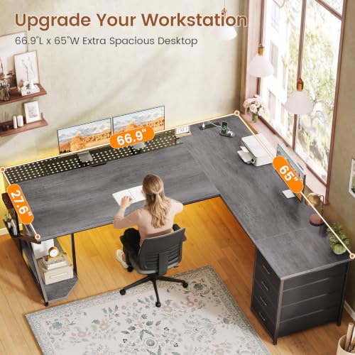 67"x 65" L Shaped Gaming Desk with 4 Drawers & Shelf Storage, Grey, view 5
