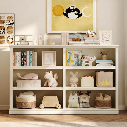 64" W Double Wide Open Shelf Bookcase, 3 Tiers 6 Storage Cube Book Shelf | Horizontal bookshelf, Display Cabinet Organizer Indoor Furniture, Home Library Office, White Adjustable Shelf