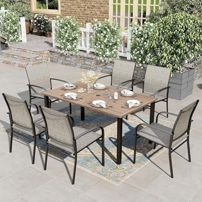 7pc Patio Dining Set, Wood-Like Metal Table, 6 Brown Chairs | 60" rectangular table with umbrella hole. Waterproof, rust-resistant, all-weather for backyard, porch