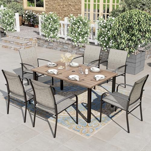 7pc Patio Dining Set, Wood-Like Metal Table, 6 Brown Chairs | 60" rectangular table with umbrella hole. Waterproof, rust-resistant, all-weather for backyard, porch