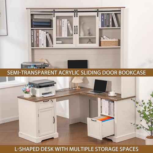 60" Farmhouse L Shaped Desk with Hutch, Executive Desk with Lockable Drawers, view 4