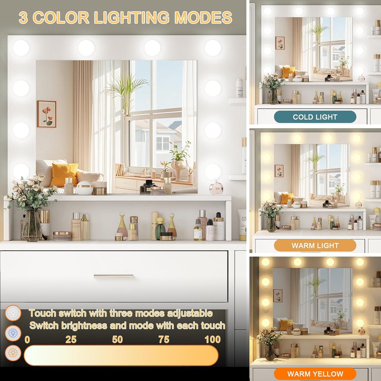 Makeup Vanity Desk with Mirror and Light,Dressing Table Set with 3 Color Modes LED Lights,Large and Three Level Storage Dresser, for Bedroom Dressing Room,White