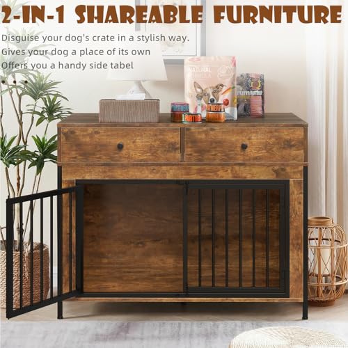 44 Inch Large Dog Crate Furniture with 2 Storage Drawers, view 4