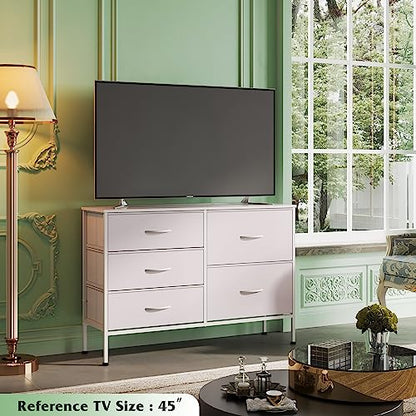 5 Drawer White Fabric Dresser for Bedroom, Wide Storage Chest, view 3