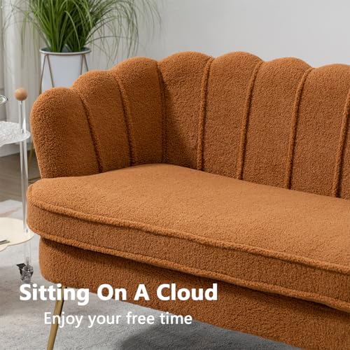 59" Small Modern Chenille Loveseat Sofa, 2-Seater Sofa with Gold Metal Legs, Small Couch with Flower Shaped Back for Living Room Bedroom Office (Caramel)