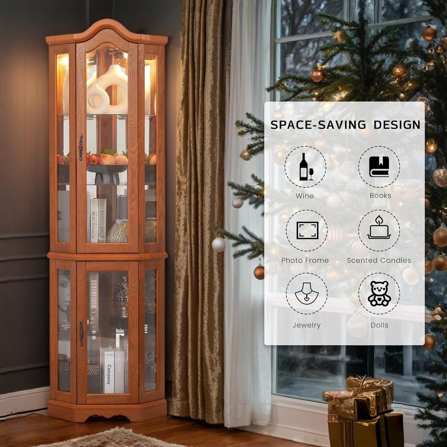 70.5" H Lighted Corner Display Curio Cabinet, Wooden Shelving Unit with Tempered Glass Doors, Bar and Liquor Storage Area, Rack for Living Room (Oak)