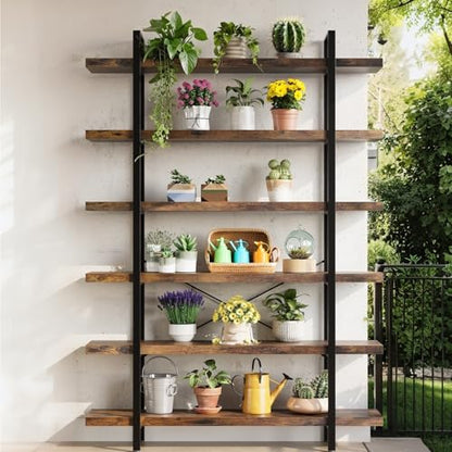 6 Tier Book Shelf, 47'' Wide Wood Industrial Bookshelf, 120lbs Shelf Capacity, Open Storage Shelves, 80'' Tall Heavy Duty Display Shelving, Rustic Brown Bookcase for Bedroom,Living Room,Office