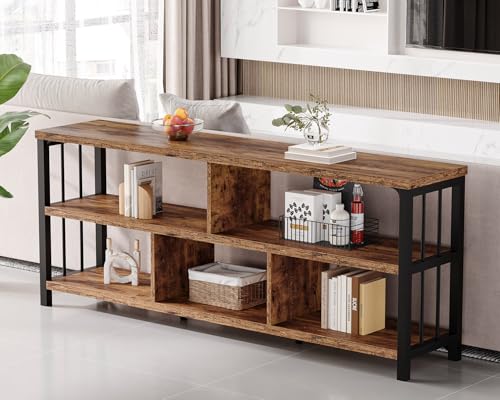 Bookshelf, Farmhouse 63” Long Open Book Shelf, Wood Metal 5 Cube Bookcase for Living Room, Low Horizontal Bookshelf for Bedroom, Wide Cubby Storage Organizer for Home Office, Rustic Brown, 63 Inch