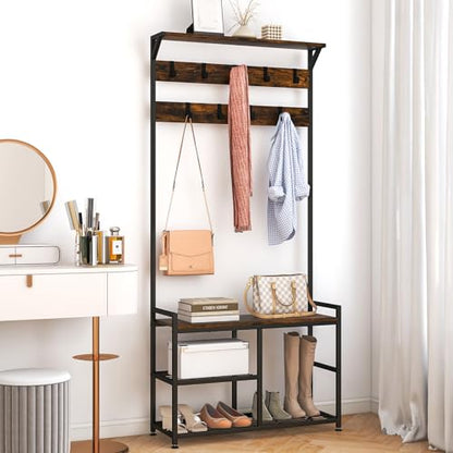 Coat Rack Shoe Bench, 3-in-1 Industrial Hall Tree w/Storage Bench & 9 Hanging Hooks, 3-Tier Wood Look Entryway Bench w/Metal Frame, Adjustable Foot Pads for Dorm, Apartment, Hall, Brown