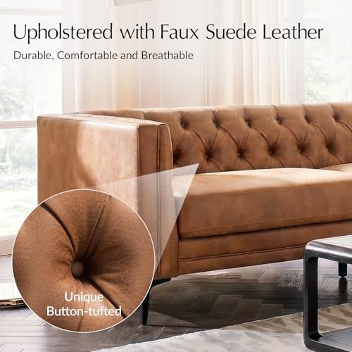 84" W Faux Leather Sofa Couch with Metal Legs, Button-Tufted 3-Seater Sofa, Mid Century Modern Upholstered Couch for Living Room, Entertainment Area, Apartment,Camel
