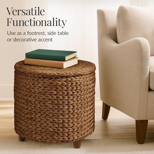 Best Choice Products 17" Round Storage Ottoman W/Lid, Handwoven Water Hyacinth Footstool, Footrest w/Wooden Legs, Accent Side Table, Storage Container, Plant Stand - Chestnut