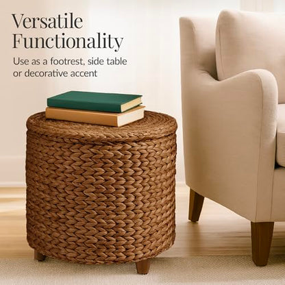 Best Choice Products 17" Round Storage Ottoman W/Lid, Handwoven Water Hyacinth Footstool, Footrest w/Wooden Legs, Accent Side Table, Storage Container, Plant Stand - Chestnut