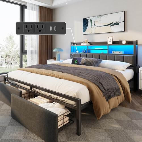 King Size Bed Frame with Headboard, Drawers, Charging Station, LED, view 7
