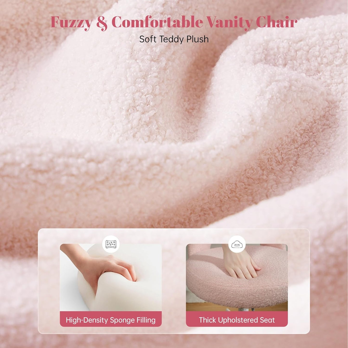 Vanity Chair with Wheels Pink,Cute Vanity Chair with Back,Ultra-Plush Fleece Cute Desk Chair, Small Office Chair Height Adjustable,For Make-Up Room,Bedroom