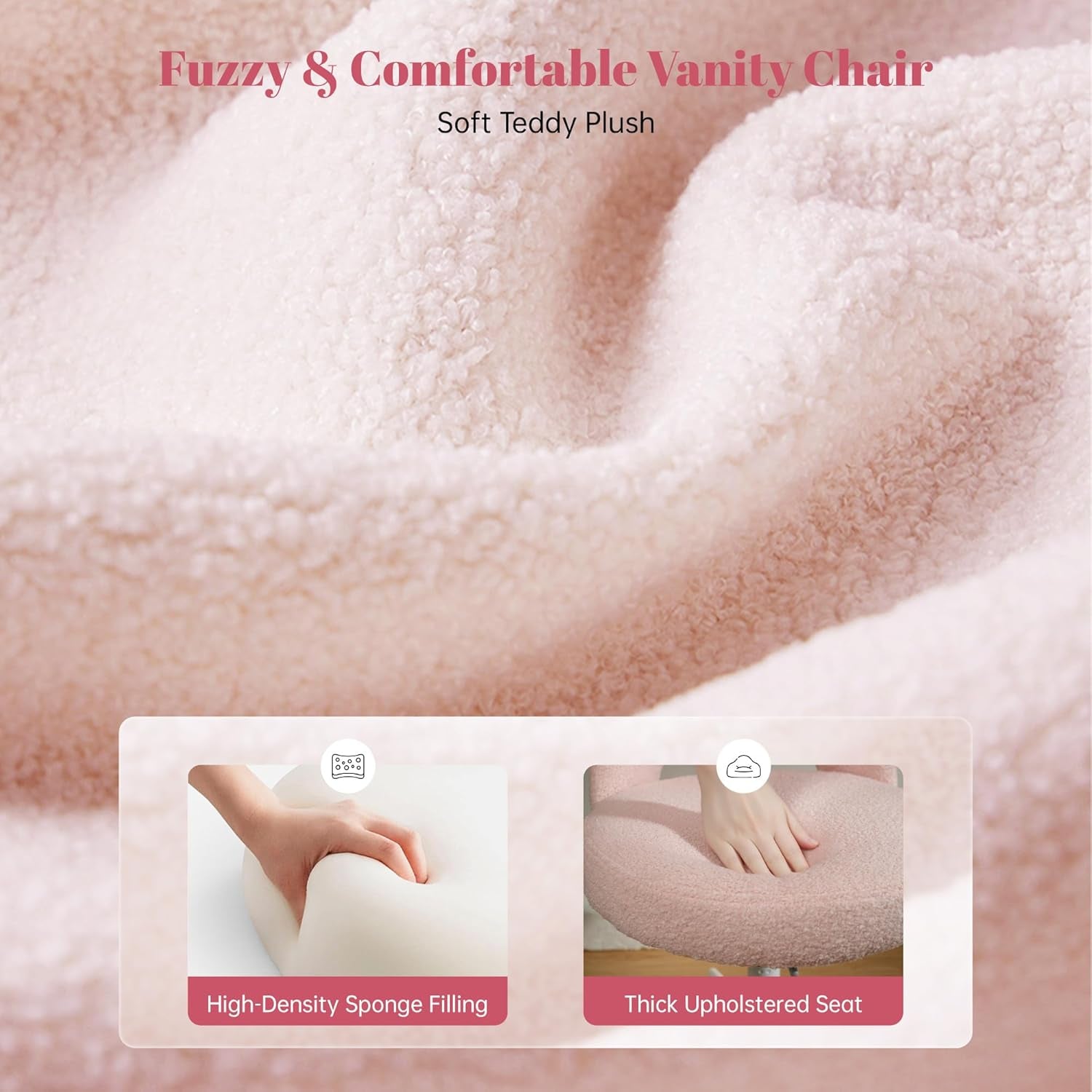 Vanity Chair with Wheels Pink,Cute Vanity Chair with Back,Ultra-Plush Fleece Cute Desk Chair, Small Office Chair Height Adjustable,For Make-Up Room,Bedroom