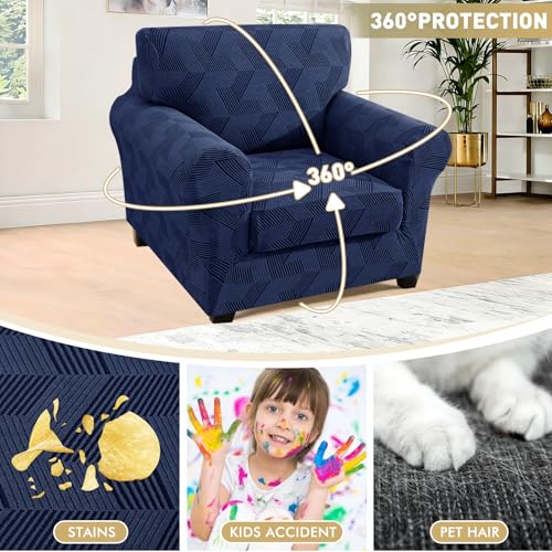 2 Pieces Chair Covers with Arms, Stretch Chair Slipcovers for Living Room, Washable Chair Couch Cover Slipcovers for Dog, Pets Feature Geometrical Jacquard Fabric (Chair, Navy Blue)