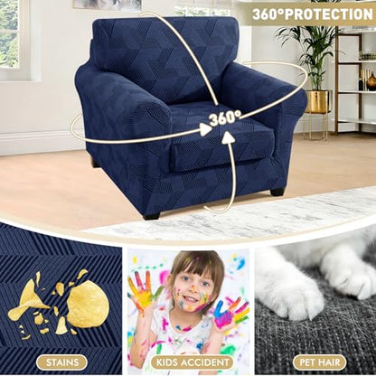 2 Pieces Chair Covers with Arms, Stretch Chair Slipcovers for Living Room, Washable Chair Couch Cover Slipcovers for Dog, Pets Feature Geometrical Jacquard Fabric (Chair, Navy Blue)