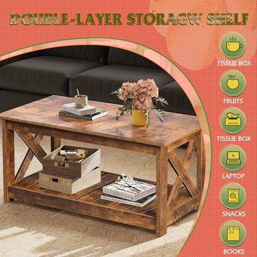 Farmhouse Coffee Table for Living Room, 40.1" Rustic Center Table with X-Frame Support & Storage Shelf, 2-Tier Wood Coffee Tables for Bedroom & Balcony, Rustic Brown