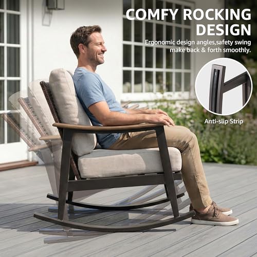 Rocking Bistro Set,3 Piece Wicker Patio Furniture Set with 2 Outdoor Rocker Chairs,Rattan Back,Aluminum Wood-like Armrest,Sturdy Metal Frame,6" Soft Cushions for Porch,Balcony,Yard