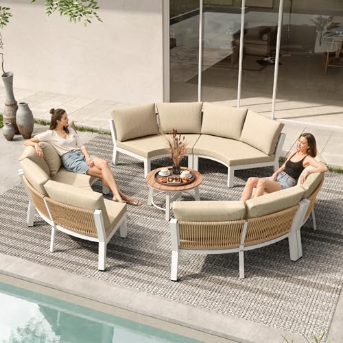 Outdoor Patio Furniture Set, 7 Piece Aluminum Curved Outdoor Sectional Sofas with Modular Coffee Table, PE Rattan Patio Conversation Sets, All-Weather Patio Couch Sets with Cushions, White