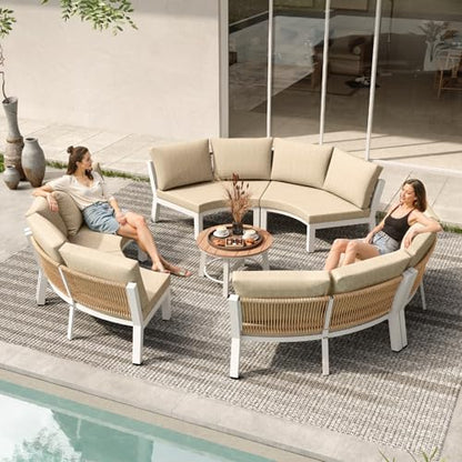 Outdoor Patio Furniture Set, 7 Piece Aluminum Curved Outdoor Sectional Sofas with Modular Coffee Table, PE Rattan Patio Conversation Sets, All-Weather Patio Couch Sets with Cushions, White