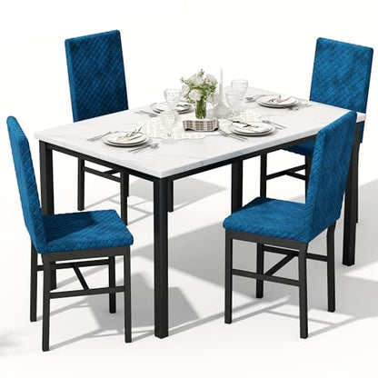 Dining Table Set for 4, Kitchen Table and Chairs Set of 4 Modern Faux Marble Dinner Tabletop with Upholstered Velvet Chairs for Apartment Small Space