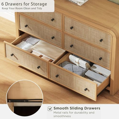 6 Drawer Dresser for Bedroom, 49'' Rattan Dresser with Ample Storage, Boho Chest of Drawers, Thickened Curved Profile Design, Oak Dressers for Bedroom, Living Room