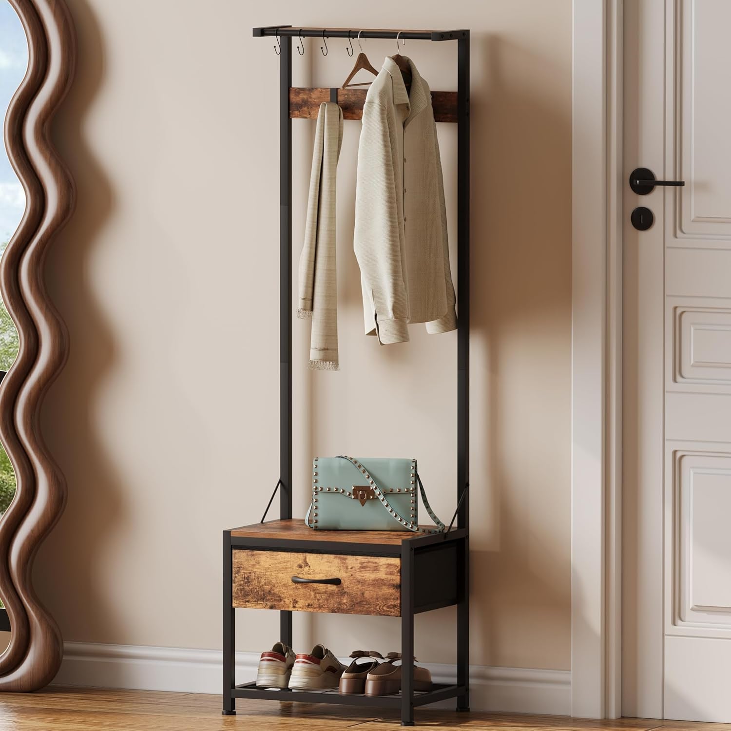 Hall Tree with Shoes Bench, Small Coat Rack with Fabirc Drawer and Shelf for Bedroom, 4-In-1 Entryway Organizer with Shoes Stool for Living Room, Entryway, Closets (Rustic Brown)