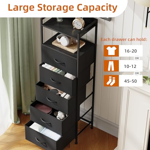 Tall Dresser for Bedroom, 5 Drawers Nightstand Vertical Storage Tower Unit, Night Stand Furniture with Fabric Drawer Organizer in Bedside Hallway, Entryway, Kids Room, Closet, Black