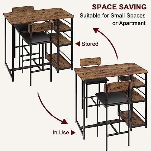 Dining Table Set for 2 with 3 Storage Shelves, 3-Piece Counter Height Kitchen Table Set with 2 Upholstered Bar Stools, Bar Table and Chairs Set for Small Space, Brown