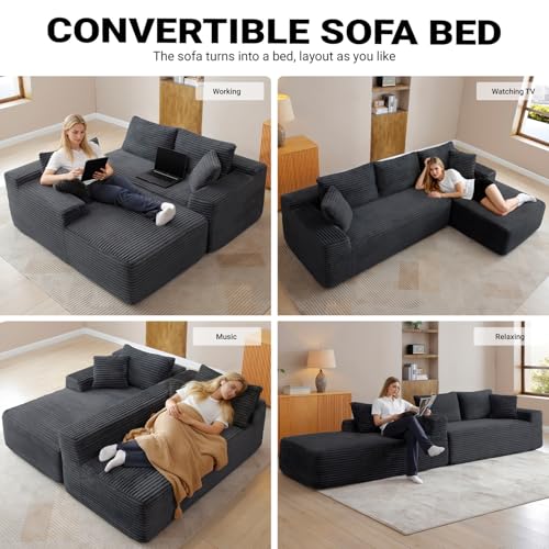 108" Cloud Sectional Couch,Modern Modular Sectional Sofa with Deep Seat,Corduroy Boneless Couches with L-Shape Chaise for Living Room,No Assembly Required (Black, Right Facing Chaise)