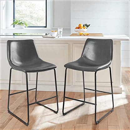 Waleaf 26 inch Bar Stools Set of 2,Counter Height Bar Stools with Back, Modern PU Leather Stools with Metal Leg and Footrest (Grey, 2 Pcs 26" Counter Height Barstools)