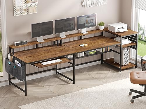 L Shaped Computer Desk, Reversible Computer Desks, L Shaped Desk with Power Outlets & LED Strip, Monitor Shelf, Keyboard Tray, Pegboard and Storage Shelves for Home Office, Rustic Brown