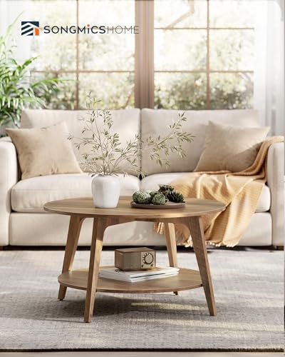 Round Coffee Table, 2 Tier Living Room Center Table, Mid Century Modern Charm, Brown
