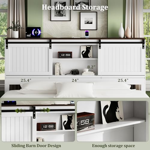 Farmhouse King Size Bed Frame Wood with Headboard Storage, White, view 7