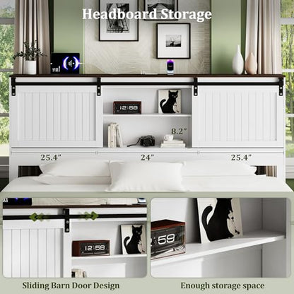 Farmhouse King Size Bed Frame Wood with Headboard Storage, White, view 7