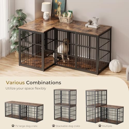48" XXL Dog Crate Furniture, 3-Door Heavy Duty Indoor Kennel, Brown, view 3