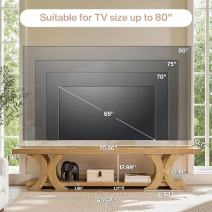70.87" Extra Long TV Stand for TVs up to 80", Farmhouse Wooden Entertainment Center with Open Storage Shelves, Low TV Media Console Table for Living Room, Bedroom