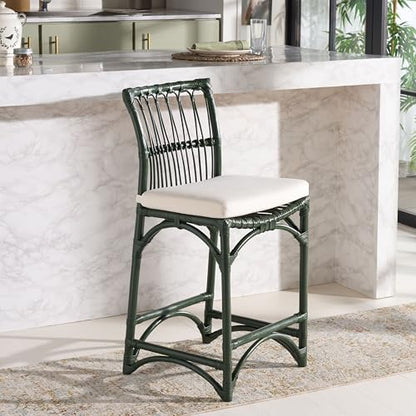 SAFAVIEH Furniture - Zorianna 23.6" Seat Height Counter Stool - White & Forest Green - Handwoven Rattan Design - Fully Assembled - Ideal for Kitchen, Dining Room & Kitchen Island (BST6508D)