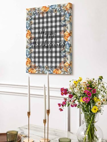 NuYeBiofx Happy Thanksgiving Fall Pumpkins Canvas Wall Art Prints,30"x20" Framed Picture Artwork Black White Check Printed Canvas Oil Painting for Living Room Bedroom Office,Ready to Hang