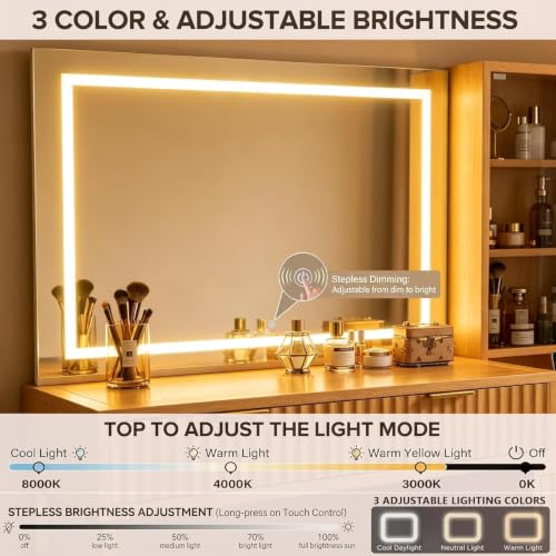 48" Fluted Makeup Vanity with Large LED Mirror and Glass Top, Oak, view 6